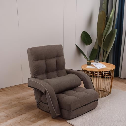 FLOGUOR 14-Position Adjustable Floor Chair, Chaise Lounge Indoor, Folding Lazy Sofa with Armrests and a Pillow Padded Adults Gaming Chairs for Living Room, Bedroom Factory Price (Brown) 8803CO