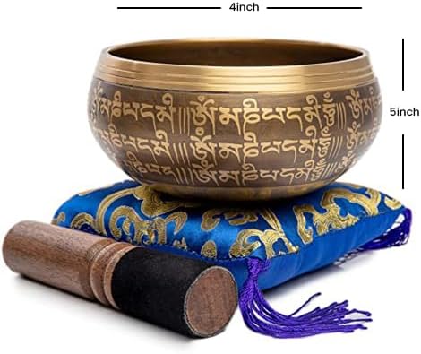 Tibetan Singing Bowl Set - Easy To Play Authentic Handcrafted For Meditation Sound Bowl Chakra Yoga Healing 4 Inches By Himalayan Bazaar (Brown & Blue)