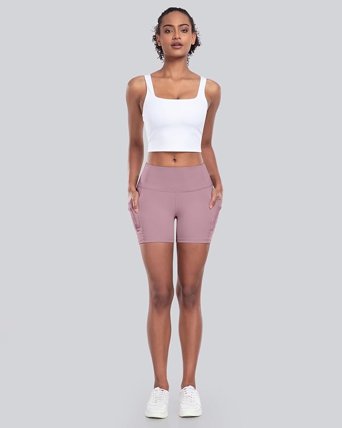 CHRLEISURE Womens Biker Yoga Shorts with Pockets: High Waisted Tummy Control Spandex Workout Athletic Gym Shorts 4 Packs