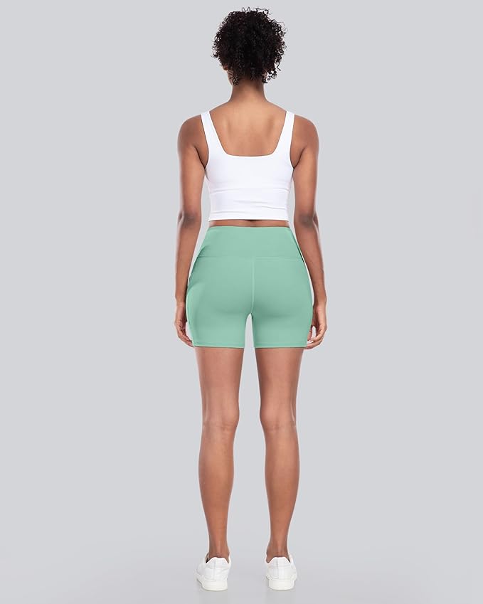 CHRLEISURE Womens Biker Yoga Shorts with Pockets: High Waisted Tummy Control Spandex Workout Athletic Gym Shorts 4 Packs