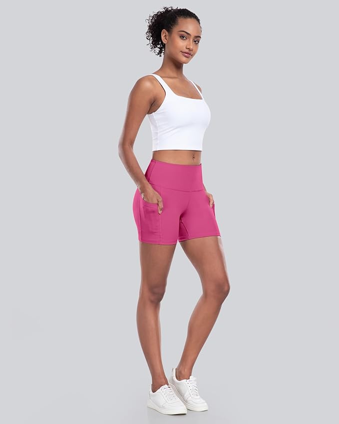 CHRLEISURE Womens Biker Yoga Shorts with Pockets: High Waisted Tummy Control Spandex Workout Athletic Gym Shorts 4 Packs