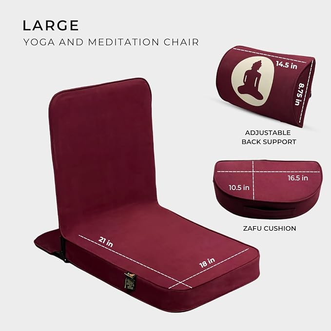 Friends of Meditation Relaxing Buddha Meditation Chair | Detachable Rectangular Back Support & Zafu Cushion | Portable Folding Chair | Floor Chair with Back Support | Yoga Chairs for Adults | Maroon