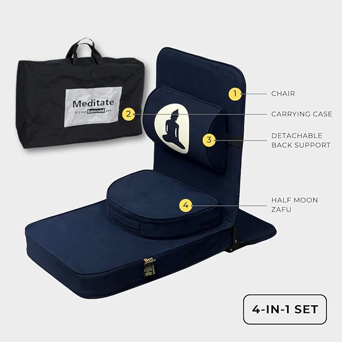 Friends Of Meditation Relaxing Buddha Meditation Chair | Detachable Rectangular Back Support & Zafu Cushion | Portable Folding Chair | with Back Support | Yoga Chairs for Adults | Navy Blue
