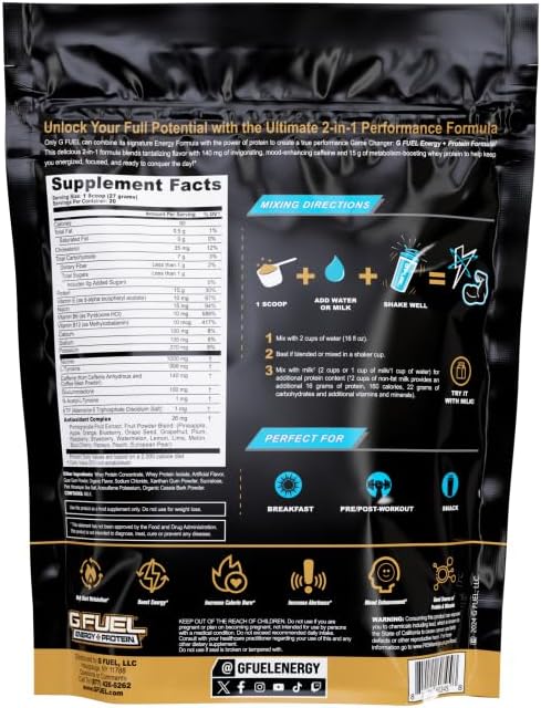 G Fuel Protein + Energy Drink Powder, Pre Workout Caffeine Mix for Gaming, Sugar Free Focus Amino, Vitamin + Antioxidants, 19oz (French Vanilla Latte, 20 Servings)