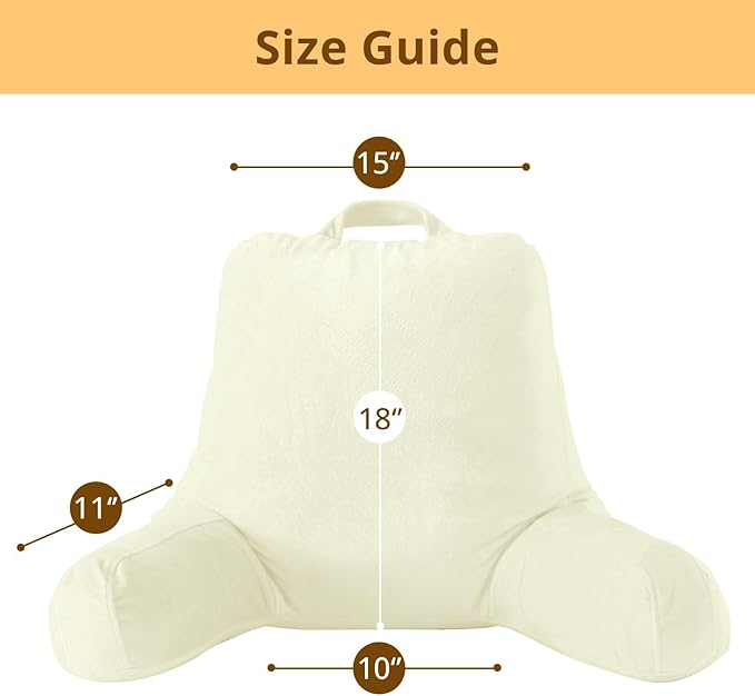 Sasttie Reading Pillow, Velvet Back Pillow for Bed Sitting Up, Adult Back-Rest Support Cushion with Arms for Sit Up on Couch, Sofa, and Floor, Dorm Essentials, Reading Accessories, Cream