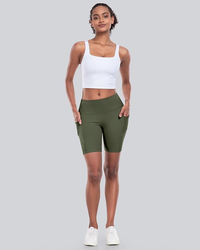CHRLEISURE Womens Biker Yoga Shorts with Pockets: High Waisted Tummy Control Spandex Workout Athletic Gym Shorts 4 Packs