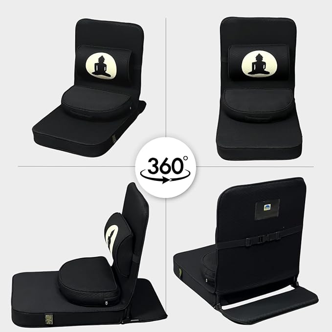 Friends Of Meditation Relaxing Buddha Meditation Chair | Detachable Rectangular Back Support & Zafu Cushion | Portable Folding Chair | with Back Support | Yoga Chairs for Adults | Black