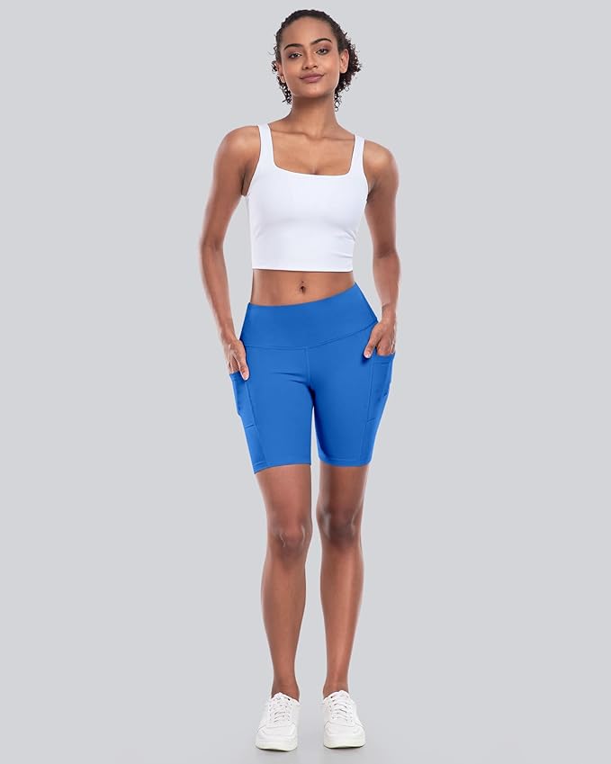 CHRLEISURE Womens Biker Yoga Shorts with Pockets: High Waisted Tummy Control Spandex Workout Athletic Gym Shorts 4 Packs
