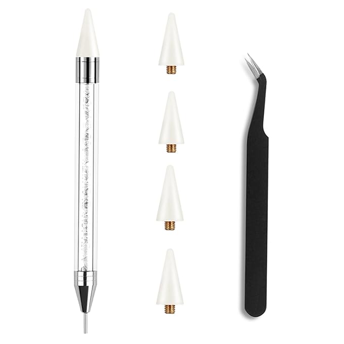 Kaychan1 Rhinestone Applicator Tool - Acrylic Handle Dual-Ended Wax Pen DIY Nail Art Tool with 4 Extra Wax Tips 1 Tweezer (White)