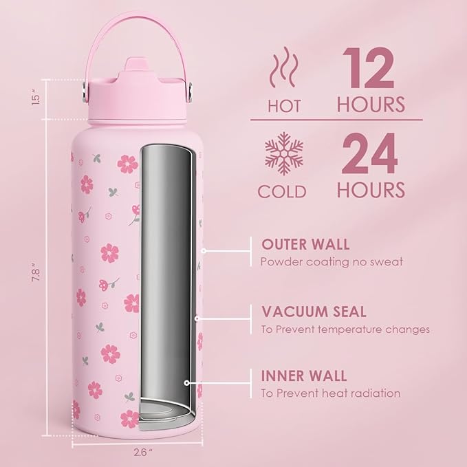 Floral Water Bottle 32oz Stainless Steel with Lid, Insulated Bottles for Women Girls, Gifts Ideas for Birthday Christmas