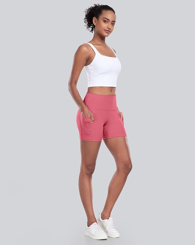 CHRLEISURE Womens Biker Yoga Shorts with Pockets: High Waisted Tummy Control Spandex Workout Athletic Gym Shorts 4 Packs