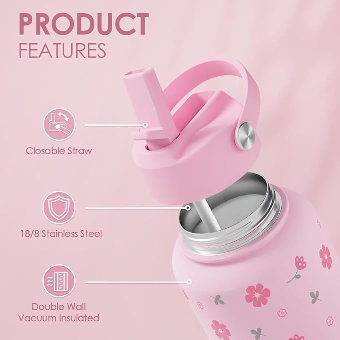 Floral Water Bottle 32oz Stainless Steel with Lid, Insulated Bottles for Women Girls, Gifts Ideas for Birthday Christmas