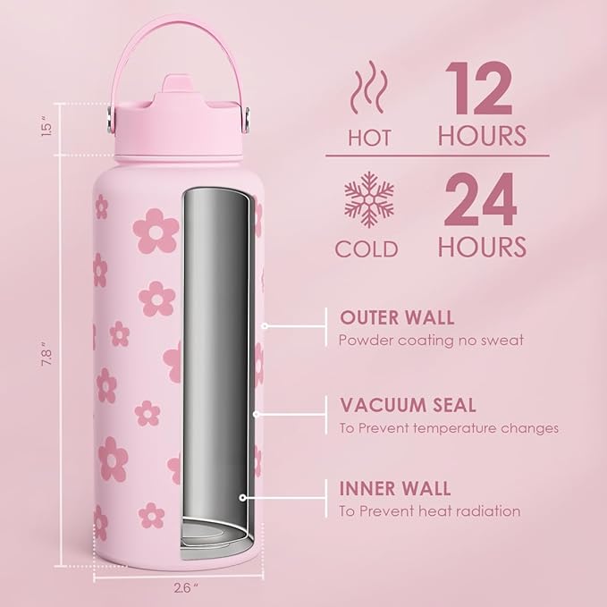 Floral Water Bottle Stainless Steel 32oz with Lid & Straw, Daisy Insulated Bottles Gifts for Women Girls Friends Teens Birthday Christmas