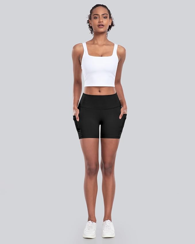 CHRLEISURE Womens Biker Yoga Shorts with Pockets: High Waisted Tummy Control Spandex Workout Athletic Gym Shorts 4 Packs
