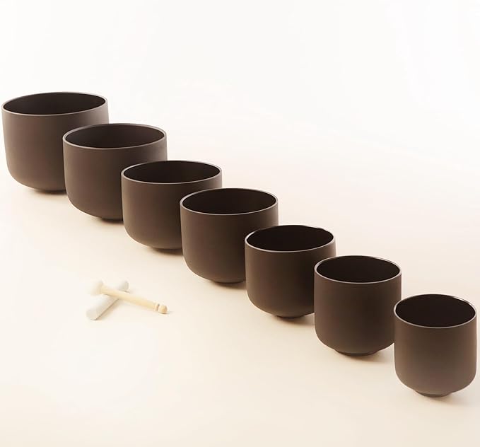 Leize 6-12 inch Chakra Tuned 432hz Set of 7 Quartz Black Crystal Singing Bowls with Heavy Duty Carrying Cases and Singing Bowl Mallet Suede Strikers