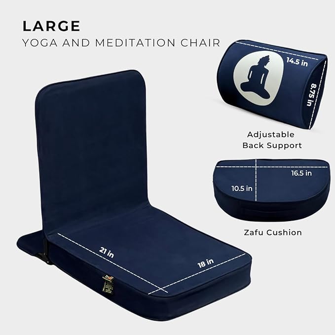 Friends Of Meditation Relaxing Buddha Meditation Chair | Detachable Rectangular Back Support & Zafu Cushion | Portable Folding Chair | with Back Support | Yoga Chairs for Adults | Navy Blue