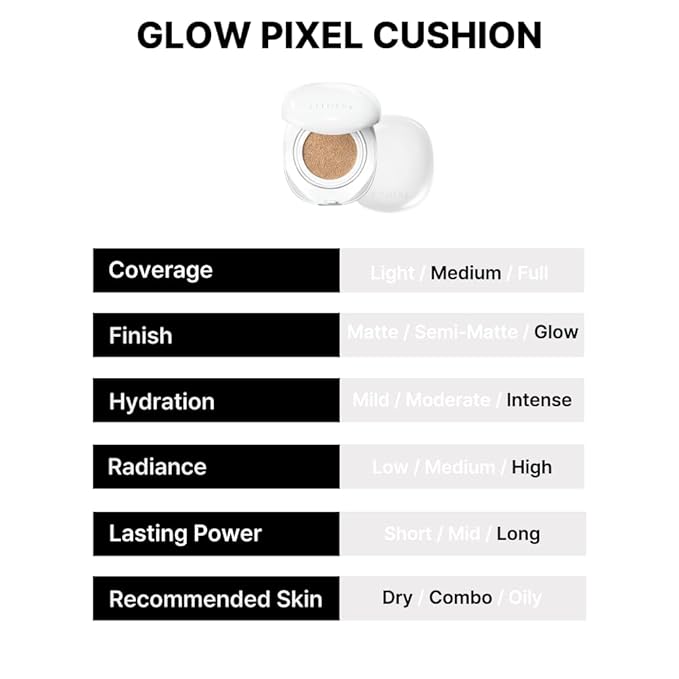 EITHER& Glow Pixel Cushion Foundation, Glowy Skincare, Korean Makeup, Natural Coverage, Moisturizing, Lightweight, Long Lasting Coverage for Flawless Skin (23P Amber)