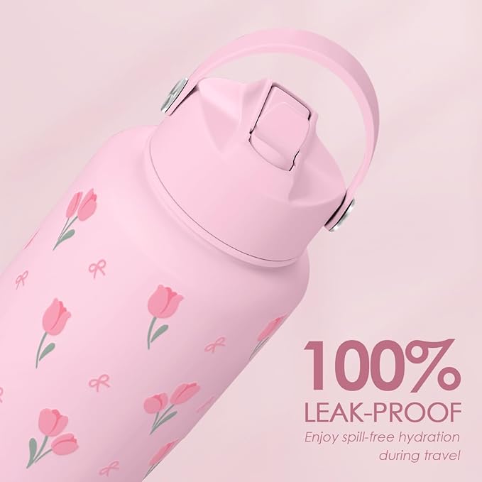Floral Water Bottle 32oz Stainless Steel with Lid, Tulip Insulated Bottles for Women Girls, Gifts Ideas for Birthday Christmas