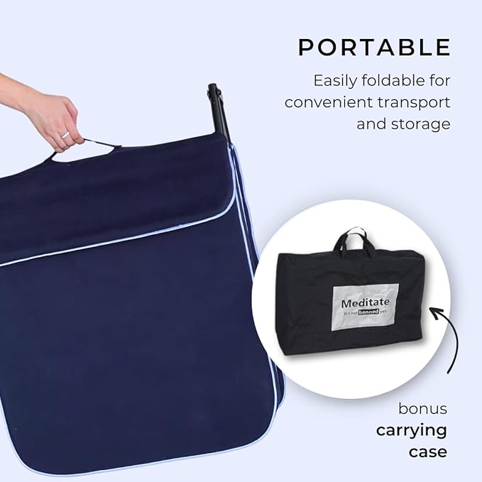 Friends Of Meditation Extra Large Meditation Chair | Floor Chair with Back Support | Yoga Chairs for Adults | Portable Folding Chair | Yoga Chair with Cushion & Meditation Block | Navy Blue | 24x22 in