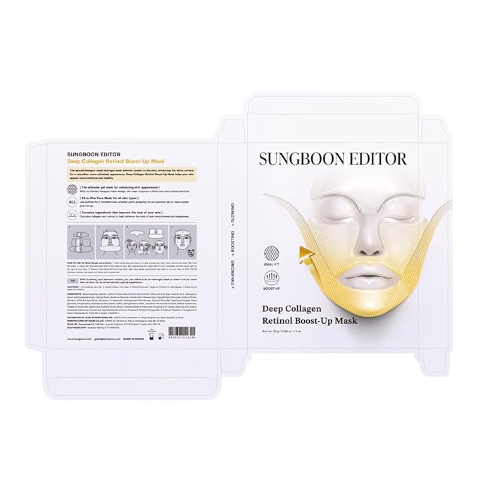 SUNGBOON EDITOR Deep Collagen Retinol Tension Boost Up Mask | Retinol, Volufiline, Lifted Skin, Skin Firmness, Boosted Volume for Sagging skin, Double Chin Reducer, V Line Lifting Mask, 25g x 4ea