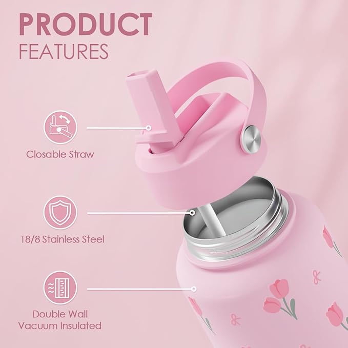 Floral Water Bottle 32oz Stainless Steel with Lid, Tulip Insulated Bottles for Women Girls, Gifts Ideas for Birthday Christmas
