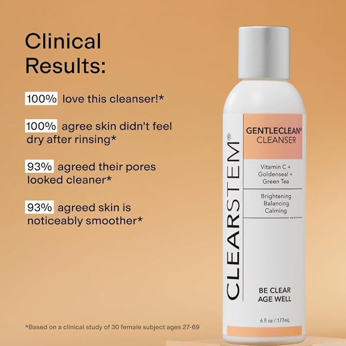 CLEARSTEM - GENTLECLEAN Vitamin C Infused Calming Wash - Facial Cleanser, Makeup Remover - Goldenseal + Green Tea - Facial Skin Care Products - Gluten Free, Cruelty Free - 6 fl oz / 207ml