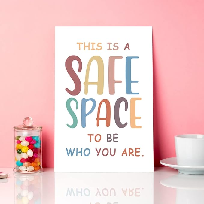 Mental Health Wall Decor,This Is A Safe Space Canvas Wall Art,Diversity Equality Classroom Canvas Framed Wall Art Painting Ready to Hang for Kids Classroom Nursery Playroom Wall Decor