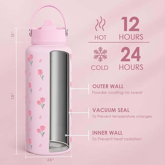 Floral Water Bottle 32oz Stainless Steel with Lid, Tulip Insulated Bottles for Women Girls, Gifts Ideas for Birthday Christmas