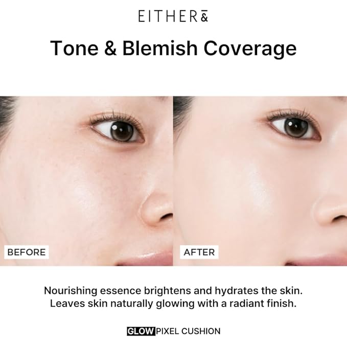 EITHER& Glow Pixel Cushion Foundation, Glowy Skincare, Korean Makeup, Natural Coverage, Moisturizing, Lightweight, Long Lasting Coverage for Flawless Skin (22.5P Dawn)