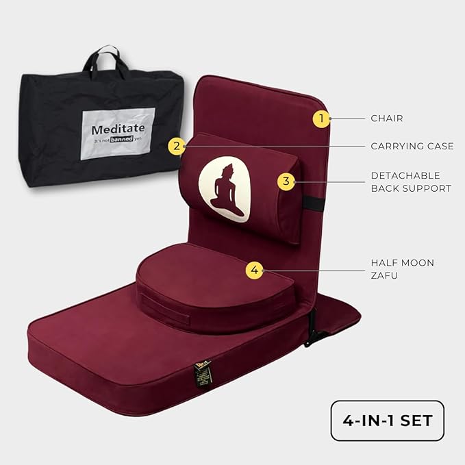 Friends of Meditation Relaxing Buddha Meditation Chair | Detachable Rectangular Back Support & Zafu Cushion | Portable Folding Chair | Floor Chair with Back Support | Yoga Chairs for Adults | Maroon