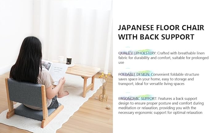Japanese Floor Chair with Back Support, Foldable Meditation Chair, Legless Tatami Chair with Cushion, Floor Seat for Living Room, Bedroom, Bay Window (2, Dark Gray)