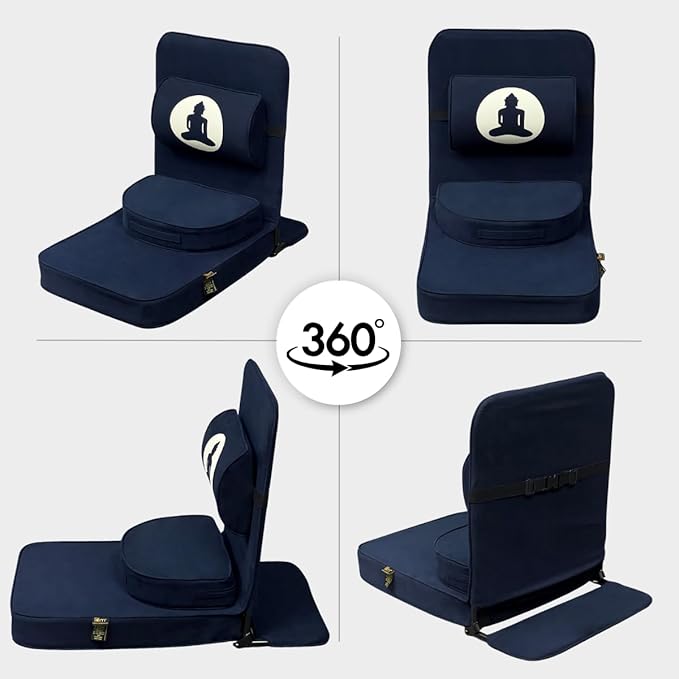 Friends Of Meditation Relaxing Buddha Meditation Chair | Detachable Rectangular Back Support & Zafu Cushion | Portable Folding Chair | with Back Support | Yoga Chairs for Adults | Navy Blue