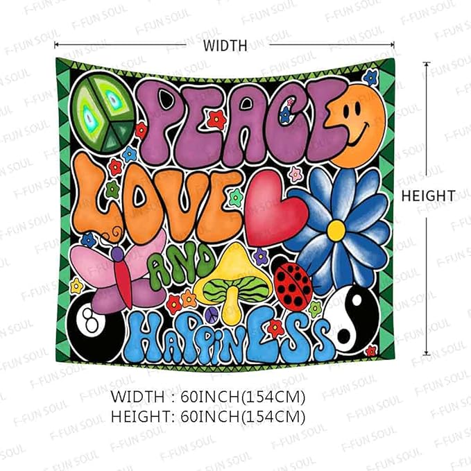 F-FUN SOUL Peace Love and Happiness Tapestry, 60x60inches Soft Flannel, Mushroom Psychedelic Tapestries 70s Theme Tapestry Wall Hanging for Bedroom Living Room Decor GTZYFS1337