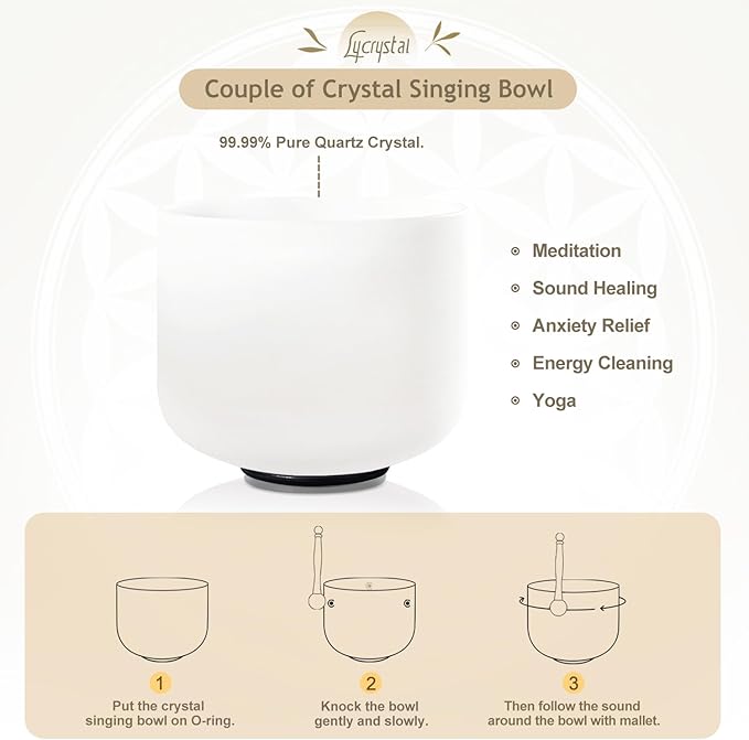 Couple of 2 PCS Crystal Singing Bowl Set, 8" F note Heart Chakra and 10" C note Root Chakra, Sound Bowl Meditation Set for Healing with Carry Case Bag.