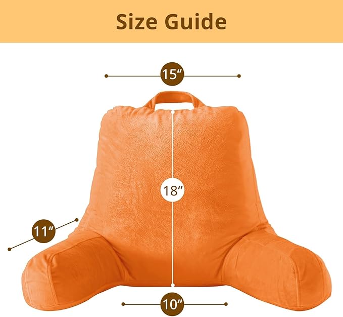 Sasttie Reading Pillow, Velvet Back Pillow for Bed Sitting Up, Adult Back-Rest Support Cushion with Arms for Sit Up on Couch, Sofa, and Floor, Dorm Essentials, Reading Accessories, Orange