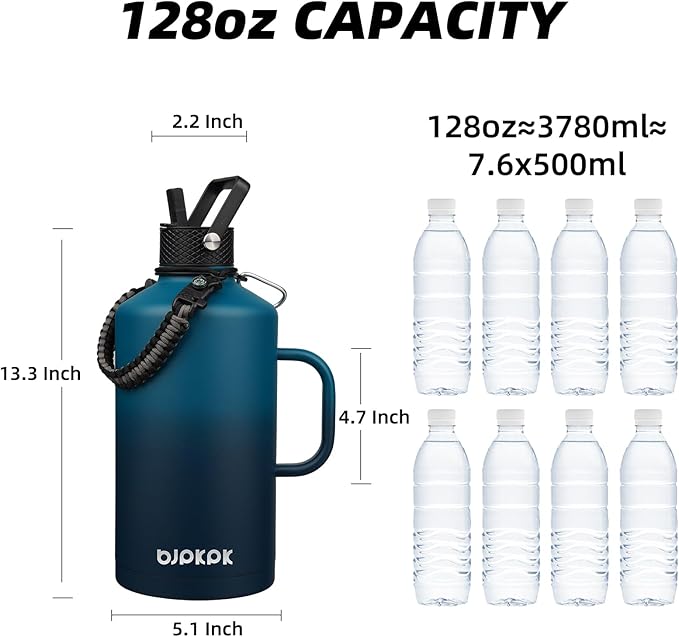 BJPKPK 1 Gallon Water Bottle Insulated with Straw Lid, 50oz, 64oz, 87oz, 128oz Large, Stainless Steel Water Bottles with 3 Lids and Paracord Strap, Double Wall Vacuum Metal Water Jug,Vast