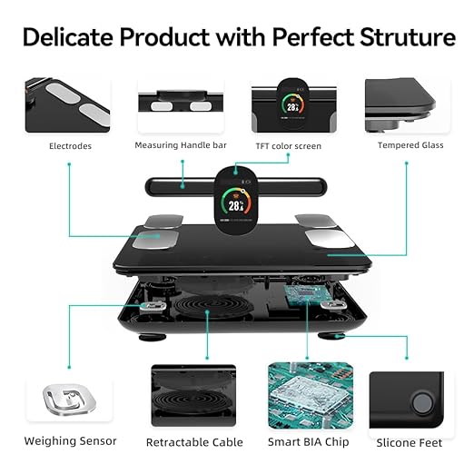 Fitdays Smart Body Fat Scale | Advanced 8-Electrode Technology for BMI/20+ Body Metrics | Full-Color LED & High Precision | Bathroom Weight Scale for Fitness/Weight Loss (FG2305ULB-Black)