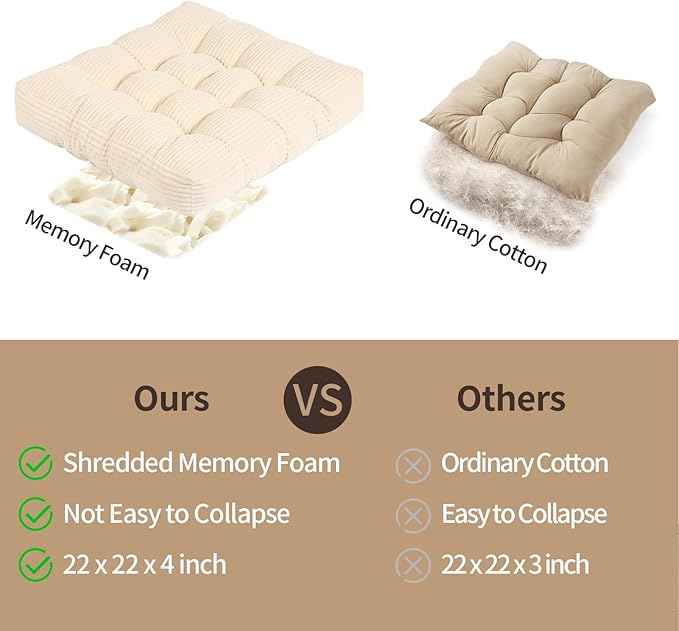 22 inches Meditation Pillow, 2 Pack Square Large Floor Cushions for Adults, Thick Corduroy Floor Pillows for Sitting, Yoga, Living Room, Sofa, Tatami, Beige