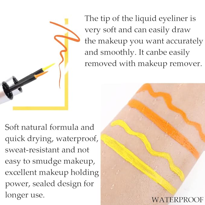 evpct 2Pcs Orange Yellow Liquid Eyeliner Set Waterproof Neon Orange Yellow Eye Liners Liquid for Women Stamps Shapes for Eyes delineadores de colores para ojos delineador de ojos contra el agua 07&09