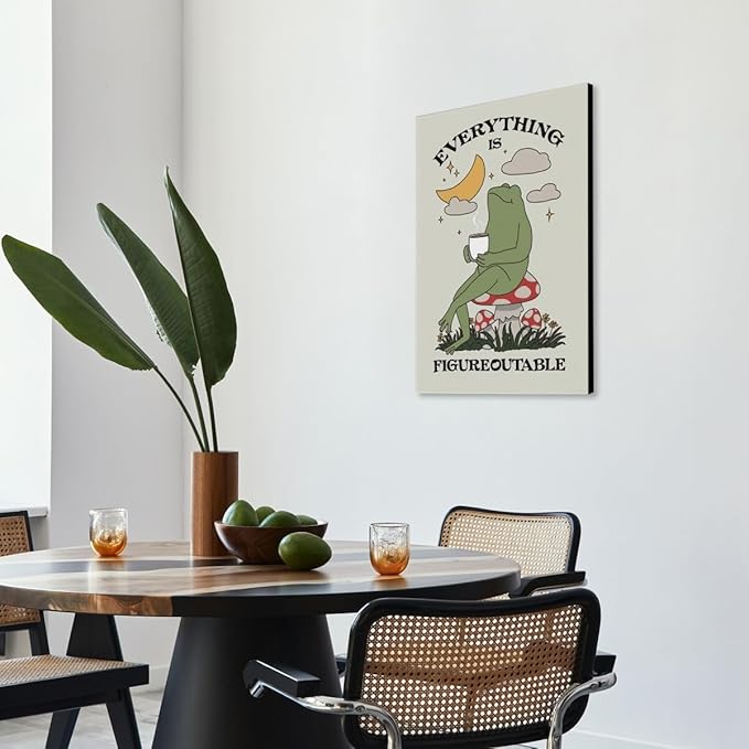 Everything is Figureoutable Motivational Canvas Wall Art Print Frog with Coffee Quote Inspirational Art Poster Mental Health Home Office Affirmation Wall Decor Minimalist Picture 24x36inch Framed