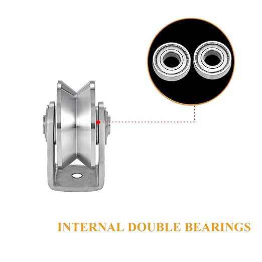 2pcs V Groove Wheel Stainless Steel Heavy Duty Wire Rope Pulley Block Sliding Gate Rollers Double Bearing Plate Caster Solid Track Rollers Wheels Fence Gate Wheel