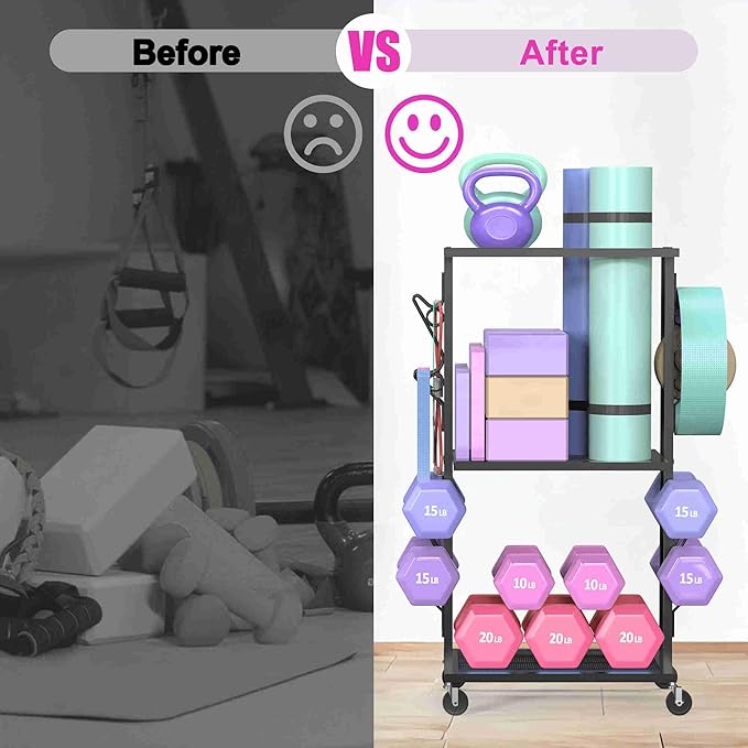 Dumbbell Rack Compact Weight Rack Home Gym Storage Rack Yoga Mat Storage Workout Equipment Organizer with Wheels