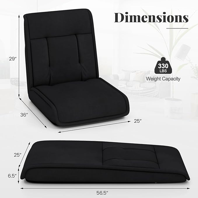 COSTWAY Folding Floor Chair, Convertible Lazy Sofa with 14-Poistion Adjustable Backrest, 5-Position Adjustable Headrest, Cushioned Floor Gaming Chair for Adults, Reading, Meditating (Black)