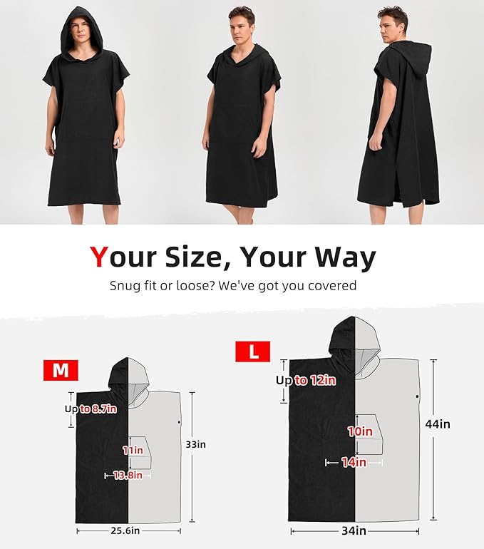 Abahub Surf Poncho Men & Women Towel Poncho Adult with Hood, Thick Quick Dry Changing Poncho Towel, Microfiber Wearable Cover Up for Surfing Beach Swim - Absorbent Changing Towel L (Black)