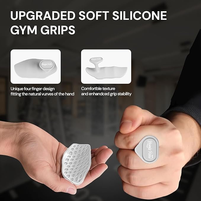 Ergonomic-Gym-Grips-for-Men-&-Women - Soft Silicone Weight Lifting Grips for Dumbbells, Barbells, Pull-Ups, Deadlifts - Fingerless, Sweat-Resistant, Includes Portable Case