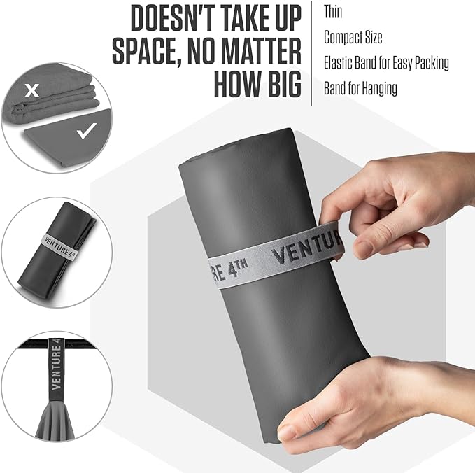VENTURE 4TH Quick Dry Towel. Microfiber Travel Towel Ideal for Camping, Hiking, Backpacking, Gym. Lightweight & Fast Drying Travel Towels for Body. Compact & Easy to Pack - Charcoal Extra Large