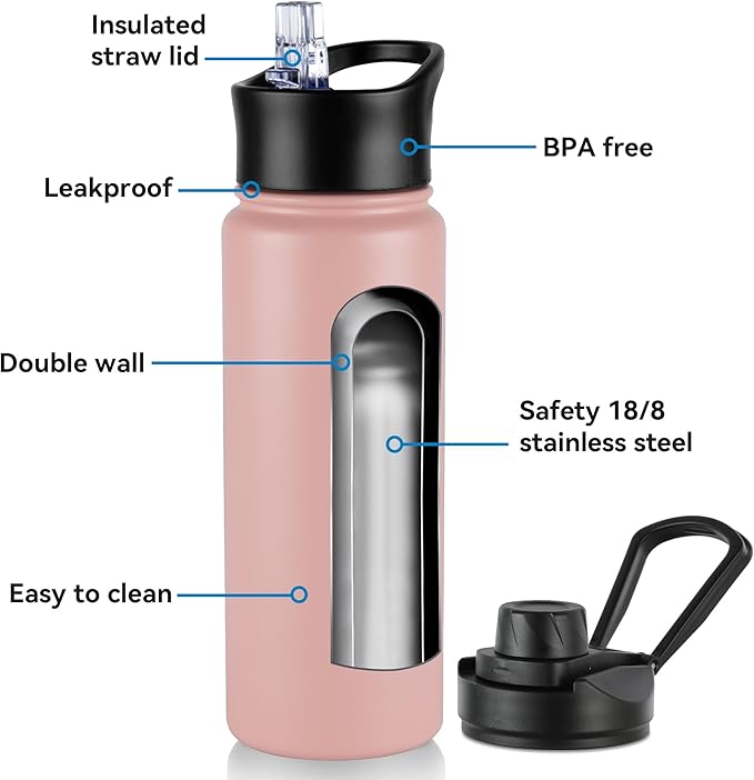 16 oz Insulated Water Bottle with Straw Lids, Stainless Steel Kids Water Bottles for School, Double Wall Vacuum Metal Water Bottle with Straw & Wide Mouth Lid, Harbor Pink 4 Pack