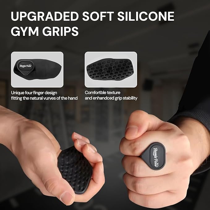 Ergonomic-Gym-Grips-for-Men-&-Women - Soft Silicone Weight Lifting Grips for Dumbbells, Barbells, Pull-Ups, Deadlifts - Fingerless, Sweat-Resistant, Includes Portable Case