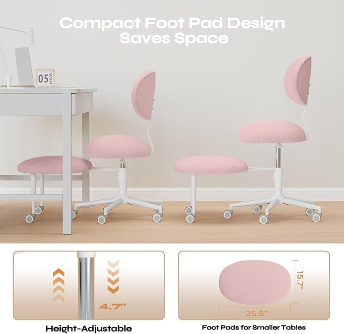 Ergonomic Cross Legged Office Chair with Wheels, ADHD Chair for Adults, Meditation Chair, Yoga Office Chair, Comfortable Back Support, Height Adjustable,Small Spaces, Teddy Fabric, Pink