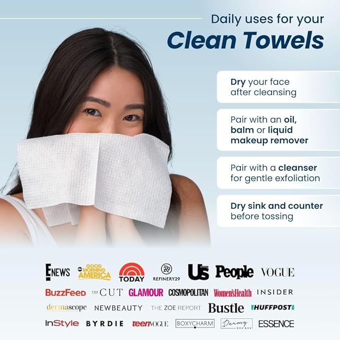 Clean Skin Club Clean Towels XL®, 100% USDA Biobased Face Towel, Disposable Face Towelette, Eczema Association Accepted, Makeup Remover Dry Wipes, Ultra Soft, 50 ct per pack, 4 Packs, 200 Ct Total